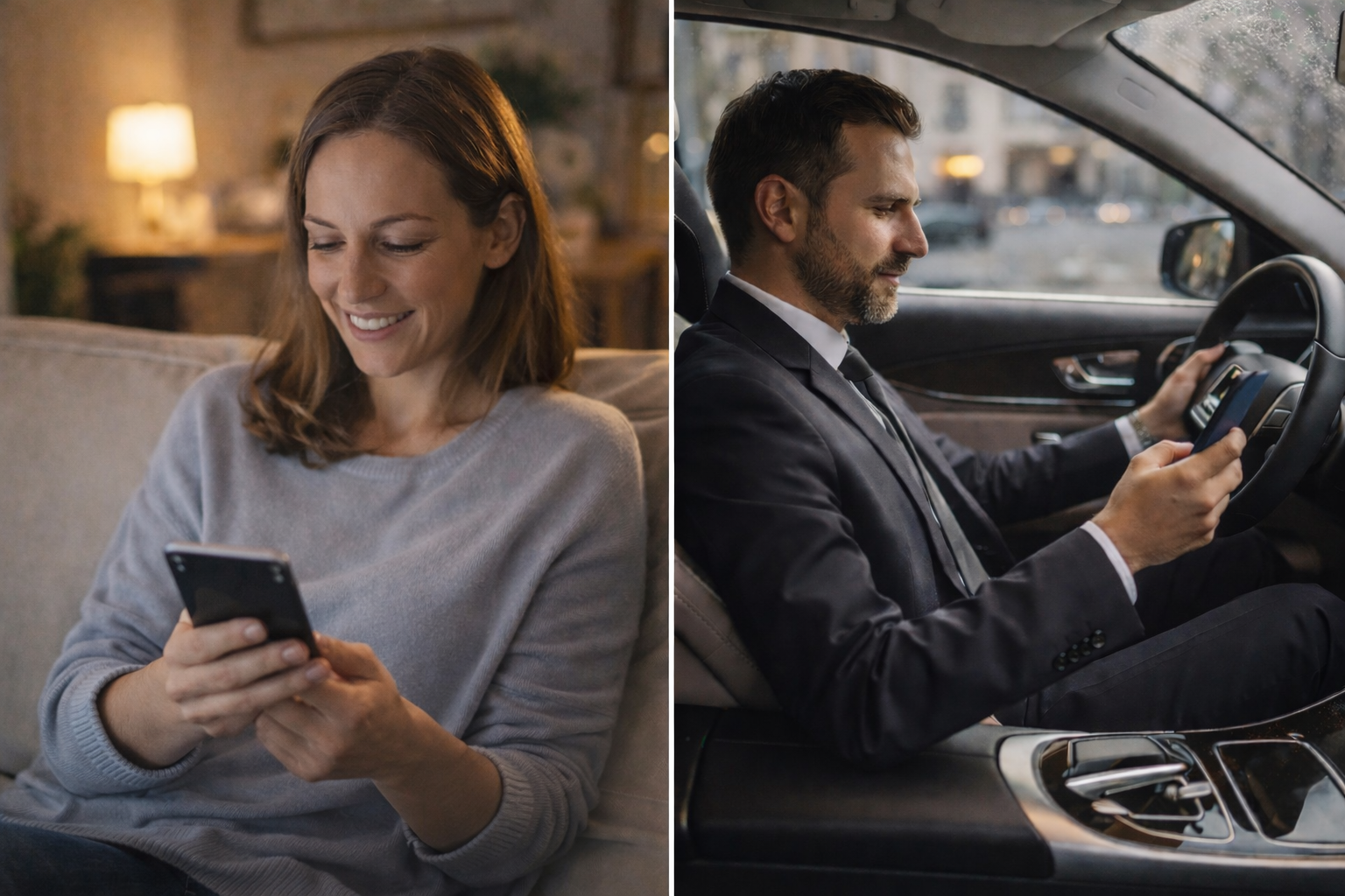 Réservation d’un chauffeur privé à Paris depuis un smartphone avec chauffeur en attente dans son véhicule