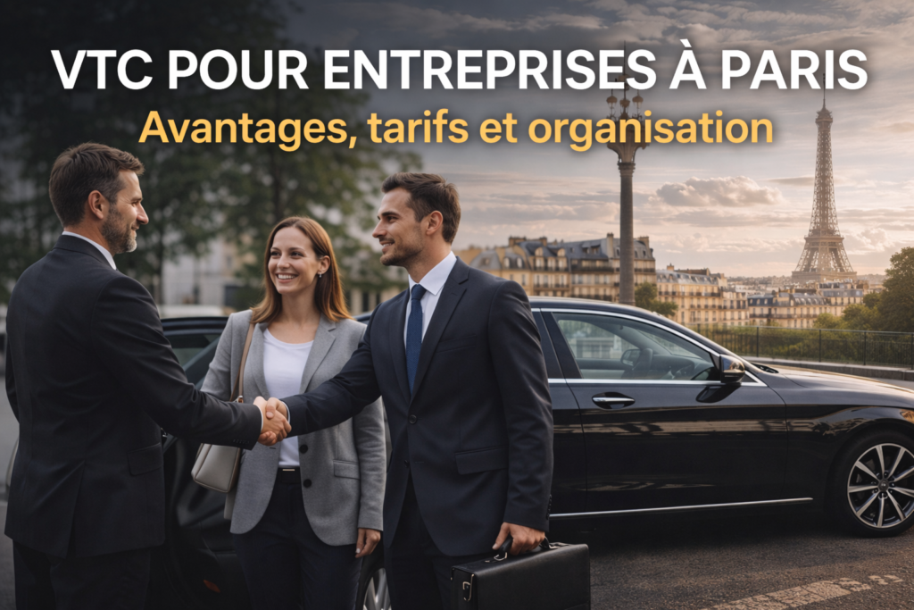 Chauffeur privé VTC à Paris accueillant des clients professionnels pour un déplacement d’entreprise en véhicule haut de gamme