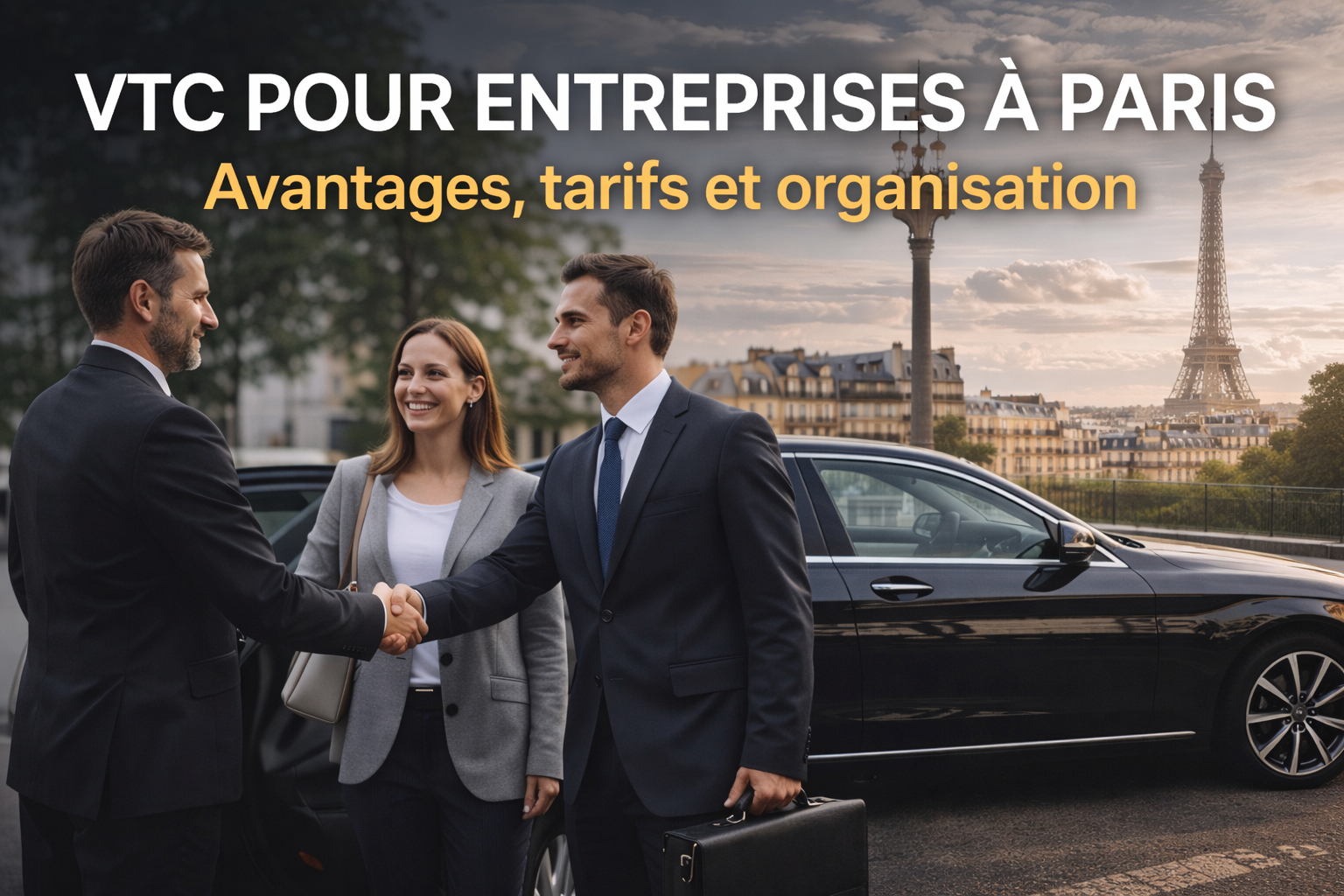 Chauffeur privé VTC à Paris accueillant des clients professionnels pour un déplacement d’entreprise en véhicule haut de gamme