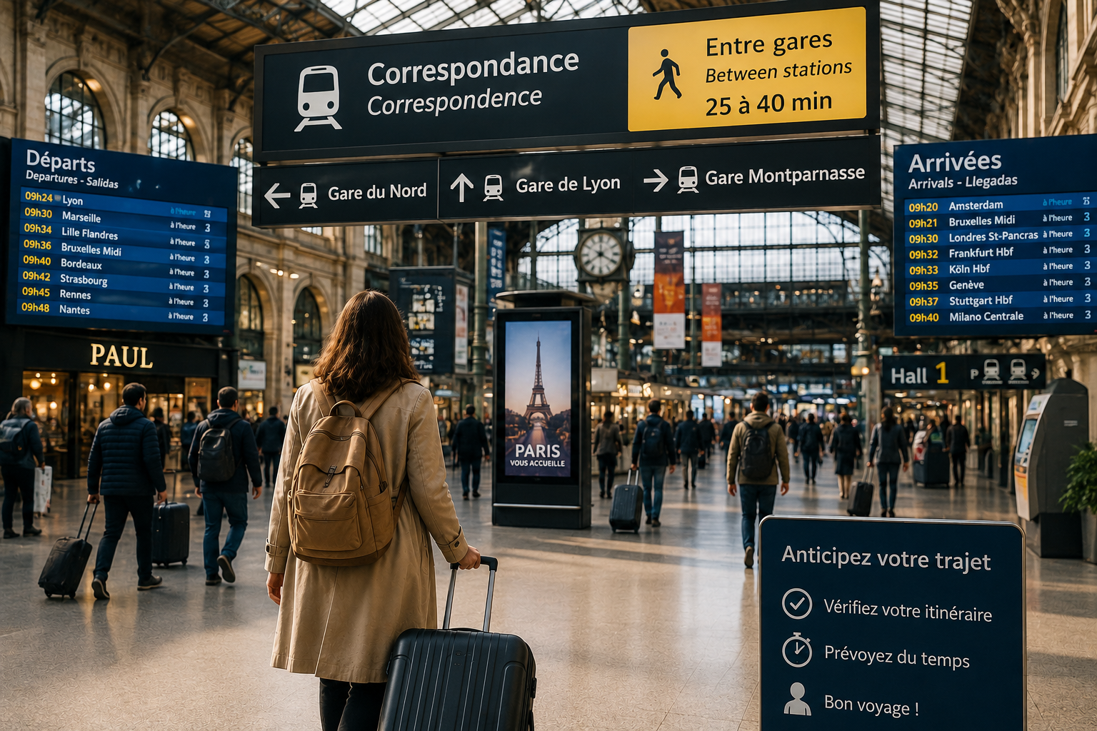 Voyageur avec une valise dans une gare parisienne préparant une correspondance entre deux gares à Paris.